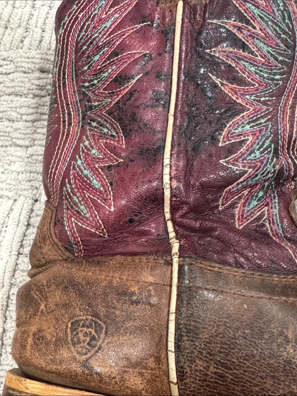 Ariat Brown Leather Kids Cowboy Boots with Burgundy Shaft